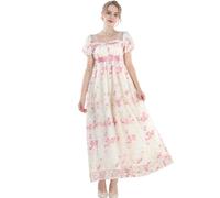 CR ROLECOS Vestido de regencia Jane Austen Vestidos de té victoriano para fiesta en blanco, Rosa Floral, L