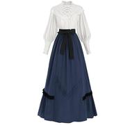 CR ROLECOS Vestido victoriano medieval para mujer, 2 piezas de ropa de la era renacentista, vestido largo victoriano, blusa+falda medieval, vestido de baile, fiesta de té, azul real, L