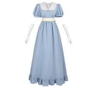 CR ROLECOS Vestido victoriano para mujer Regency con escote en V elegante de Jane Austen para bodas con guantes para vestidos de cóctel de noche, azul claro, M