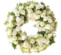 Crabop Corona de rosas artificiales blanca y rosa de 45 cm para colgar en la puerta para primavera, verano, hogar, boda, jardín, decoración al aire libre (blanco)