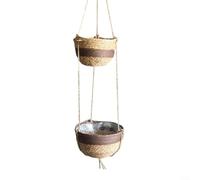 Crabop Juego de cestas colgantes de mimbre natural para decoración de jardín interior y exterior, macetas tejidas transpirables con accesorios, beige de 2 niveles (marrón oscuro)