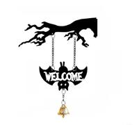 Crabop Letrero de bienvenida de Halloween, adorno colgante con diseño de murciélago blanco y negro, decoración de plástico para puerta delantera, pared, fiesta, hogar, jardín (negro)