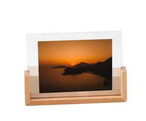 Crabop Marco en U acrílico de madera maciza para fotos de 7 pulgadas, soporte transparente deslizante con base de haya o nogal para decoración del hogar y regalos (A)