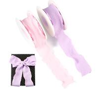 Crafans 2 rollos de cintas de flores con volantes de 40 mm, lazo para hacer lazos, a cuadros arrugados, cinta de tartán a granel para bricolaje, accesorios de ropa, envoltura de regalos, rosa y morado