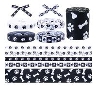 Crafans 5 rollos de cinta de grogrén con estampado de patas, color negro y blanco, 10 mm, diseño de huellas de perro, cintas de poliéster para tela, manualidades, decoración, lazo