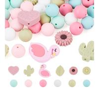 Crafans 72 cuentas espaciadoras de silicona con temática primaveral de margaritas/cactus, cuentas de goma de corazón/flamenco, cuentas para manualidades, pulseras, collares, llaveros, adornos