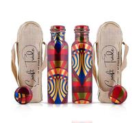 Craft Trade Botella de cobre puro impresa con tapa y bolsa de transporte para agua potable, sin BPA, a prueba de fugas, aumenta la inmunidad, apoya la digestión y la inspiración ayurveda, 34 onzas, 1