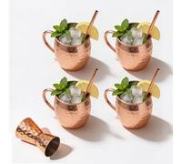 Craft Trade Juego de 4 tazas de cobre puro de 500 ml con 4 popotes, 1 vaso de chupito, tazas martilladas, gran juego de regalo para bar de comedor, taza de cerveza de hotel, juego de 4