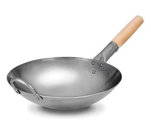 Craft Wok 731W88-12in Wok tradicional de acero al carbono martillado a mano con mango auxiliar de madera y acero (30,5 cm, parte inferior redonda)