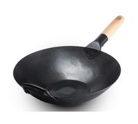 Craft Wok Black13 - Wok plano de acero al carbono martillado, precurado, con mango auxiliar de madera y acero (fondo plano de 13 pulgadas)