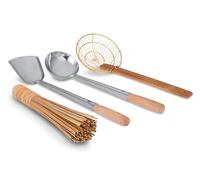Craft Wok Juego de 4 piezas: cucharón, espátula, colador, cepillo de bambú/utensilios de cocina asiáticos tradicionales con asas de madera / 732W9