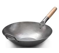 Craft Wok Wok de acero al carbono martillado a mano plano con mango auxiliar de madera y acero (14 pulgadas, parte inferior plana) / 731W316