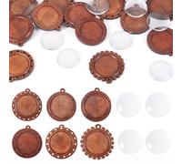 Craftdady 12 colgantes planos redondos de madera con cabujones de cristal, colgantes de memoria fotográfica, kits de fabricación de joyas para collares vintage, llaveros, manualidades, color marrón