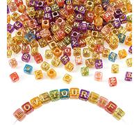 Craftdady - 384 cuentas en forma de cubo con letras mayúsculas, acrílico, coloridas cuentas transparentes del alfabeto con escritura dorada, para hacer pulseras de la amistad