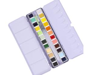 Craftelier - Caja de Pastillas de Acuarelas con Surtido de 24 Colores + Pincel con Depósito de Agua o Waterbrush para Caligrafía, Lettering o Mixed Media y otras Manualidades | Alta Pigmentación