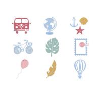 Craftelier - Set de 9 Troqueles Mini de Temática Tiempo Libre | Incluye Troqueles de Furgoneta, Globo Terráqueo, Objetos Marinos, Bicicleta, Sello Postal, Monstera, Globo, Pluma y Globo Aerostático