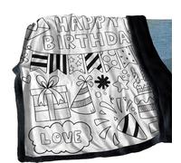 Crafting Coloring Blanket - White/Multicolor, Reusable Washable Activity Mat, Happy Birthday Design Blanket, Soft Fabric Art Canvas, Fade-Resistant Markers Compatible | Classroom, Party, Living Room,