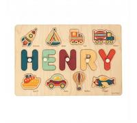 CRAFTNEZ Puzle de madera con nombre personalizado, puzle Montessori con nombres personalizados y vehículos nacimiento, bautismo y primer cumpleaños, juguete educativo a partir de 1 año, fabricado en