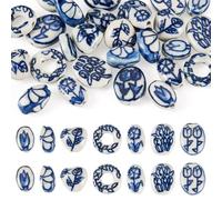 Craftora 28 piezas de cuentas de cerámica azules y blancas cuentas ovaladas de porcelana con flores cuentas tradicionales chinas cuentas de hoja impresa cuentas sueltas para manualidades de joyería