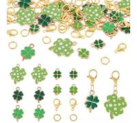 Craftora 30 dijes esmaltados de trébol verde de cuatro hojas, dijes de trébol de la suerte con cierres de pinza de langosta, anillos de salto para hacer collares del día de San Patricio