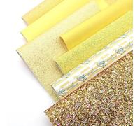 CraftsFabrics Juego de 7 hojas de tela de piel sintética A4 (21 cm x 30 cm), color amarillo, con purpurina, lichi, impresas, ideal para lazos, aretes, zapatos, bolsos, decoración, manualidades