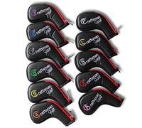 Craftsman Golf Juego de 11 piezas (4, 5, 6, 7, 8, 9, A, S, P, L, X) de cuero sintético negro con borde rojo, funda para cabeza de hierro para Callaway Ping, etc. con cremallera