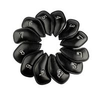 Craftsman Golf Juego de 12 fundas gruesas de cuero sintético para cabeza de hierro de golf, se adapta a todas las marcas (negro con plata n.º