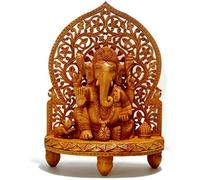 CraftVatika Gran Madera Ganesh Estatua - talladas a Mano Sentado en Shrine- Elefante deidad hindú Templo Dios Figurita