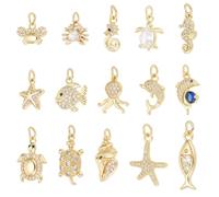 CRAFTYMELODY 15 dijes con temática del océano, 15 estilos, dijes de animales marinos de latón con circonita cúbica, dije de océano, estrella de mar, delfín, pez, tortuga, pulpo, caballo de mar