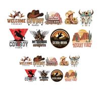 CRAFTYMELODY 18 pegatinas de vinilo vintage salvaje occidental con 18 diseños de vaquero occidental, listas para usar, para planchar, decoración de tela DIY