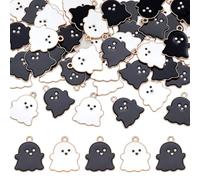 CRAFTYMELODY 50 unidades de colgantes de fantasma de Halloween, 2 colores, calavera de Halloween, color negro y blanco, 22 x 18 x 1,5 mm, para la fabricación de joyas