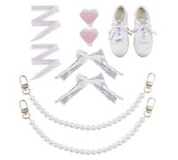 CRAFTYMELODY 8 dijes de zapatos rosas para tenis, cordones de zapatos de encaje de doble capa, lazos de perlas, cadenas de talón de perlas, clip para zapatos de mujer, decoración de zapatos de bota
