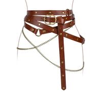 CRAFTYMELODY Cinturón medieval de cadena de metal de cuero marrón coco, cinturón medieval pirata de piel sintética, cinturones de cadena de metal, cinturones delgados ajustables vintage para disfraz