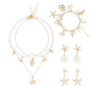 CRAFTYMELODY Conjunto de Joyas de Concha y Estrella de Mar: Collar de una fila de Perlas de Imitación Concha Pulsera de Perlas de Concha Pendientes colgantes de Aleación