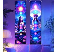 CRAFTYMELODY Paquete de 2 tapices de meditación de yoga de siete chakras que brillan en la oscuridad, tapiz de chakra reactivo a los rayos UV, para colgar en la pared, 32 x 130 cm, con cuerda de