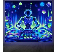 CRAFTYMELODY Tapiz de luz negra con diseño de planetas neón que brillan en la oscuridad, reactivo a los rayos UV, robot, para colgar en la pared, 59 x 51 pulgadas, con gancho autoadhesivo, clip para
