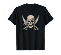 Cráneo y Espadas Piratas Retro Camiseta gráfica económica, Hombre, Negro, M
