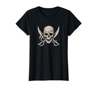 Cráneo y Espadas Piratas Retro Camiseta gráfica económica, Mujer, Negro, S