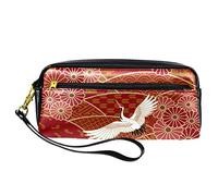Cranes Crisantemos Japonés Tradicional Estuche Rojo Estuche Estuche Estuche de Lápiz Bolsa de Cuero PU Bolsa de Papelería con Cremallera para Niños Niñas Suministros Escolares y Oficina
