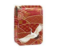 Cranes Crisantemos Japonés Tradicional Rojo Portátil Lápiz Labial Estuche para Viajar, Mini Caja de Almacenamiento de Pintalabios con Espejo para Mujeres y Mujeres, Bolsa de Cuero Cosméticos, Varios colores, 9.5x2x7 cm/3.7x0.8x2.7 in