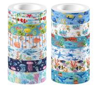 CRASPIRE 12 Rollo de Cinta Adhesiva Decorativa con Diseño de Animales Marinos Criaturas del Océano Tortugas Estrellas de Mar Corales Peces Medusas Mundo Submarino Vida Marina Cintas para Diario