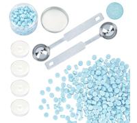 CRASPIRE 300PCS Kit de Cuentas de Sello de Cera Azul Claro, Juego de Perlas de Cera para Sellar Empaquetadas En Contenedor, 2 cuchara para Derretir Cera Y 4 velas para Sello de Cera