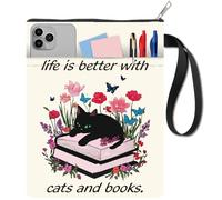 CRASPIRE Funda Libro 11x8.6 pulgada con Diseño Gato Negro Mariposa Flor Funda Protectora Libros Bolsillo Lavable con Asa Bolsillo Frontal Cremallera Ideal Amantes los Lectores Cuadernos Regalos Amigos