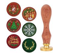 CRASPIRE Juego de Sellos de Cera de Feliz Navidad 6 Cabezal de Sello de Latón + 1 Mangos de Madera Extraíbles Kit con Copos de Nieve Alce Acebo Ciervo Reno Cuerno Pino para Sobres Fiesta