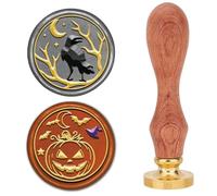 CRASPIRE Juego de Sellos de Cera de Halloween 2 Cabezal de Sello de Latón + 1 Mangos de Madera Extraíbles Kit de Calabaza Espeluznante Cuervo En Rama Murciélago para Decoración Sobres de Fiesta