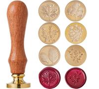 CRASPIRE Juego de Sellos de Cera de Hojas, 6 Pieza de Cabeza de Latón de Sellado de 25 mm + Kit de 1 Piezas de Mango de Madera, Hojas de Arce Romero Eucalipto Ginkgo Sobres de Boda Extraíbles