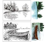 CRASPIRE Sello transparente de río, escena, bosque, árbol, barco, lago, planta, paisaje, paisaje, fondo, sellos de goma de silicona, sello para hacer tarjetas, diario, suministros decorativos de