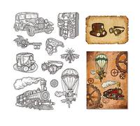 CRASPIRE Sellos de Goma Transparentes de Tren Steampunk Transparentes Sellos de Paracaídas de Coche de Silicona Vintage Sellos para Hacer Tarjetas de Diario Scrapbooking Álbum de Fotos Marco