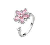 crayfomo Anillo abierto de flor rosa para mujer, banda de flor de cerezo de circón cúbico, anillo de dedo de declaración ajustable, regalo de joyería de moda para ella