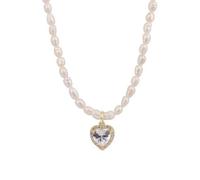 crayfomo Baroque Faux Pearl Necklace, 8-10mm White Gold Heart Zircon Pendant, Luxury Vintage Aesthetic, for Women Banquet Wedding Party